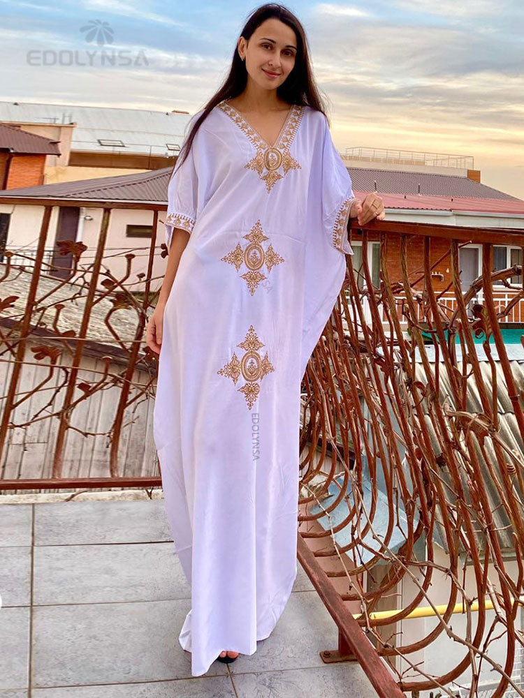 Elegant Gold Embroidered Kaftan Retro V-neck White Dress