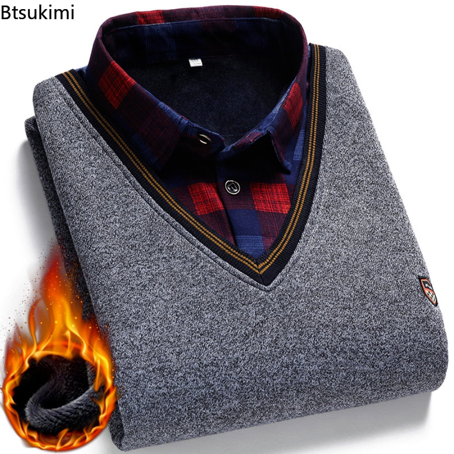 Men Wool Shirt-Neck Sweater Plaid Solid Thickened Warm Fleece