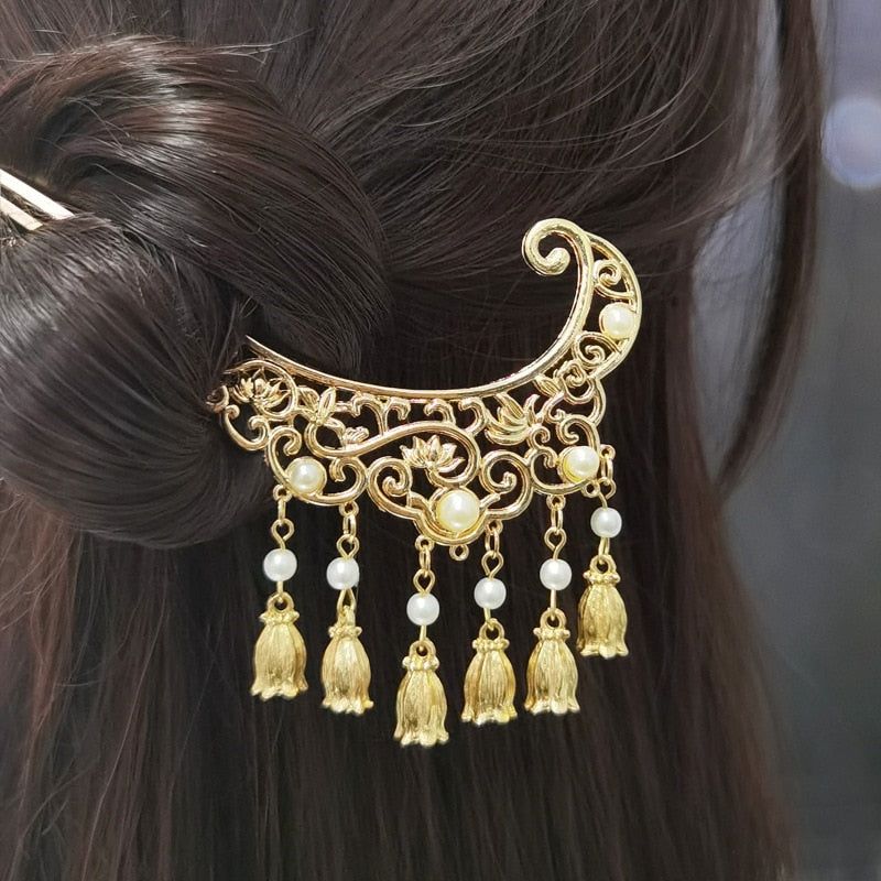 Chinese Style Hanfu Headpiece Women Flower Long Tassel Hairpin