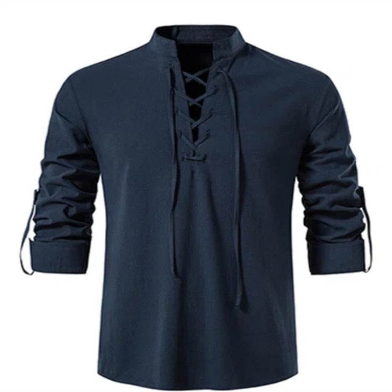 Men V-neck shirt T-shirt Thin Long Sleeve Top Breathable Front Lace Up Shirts