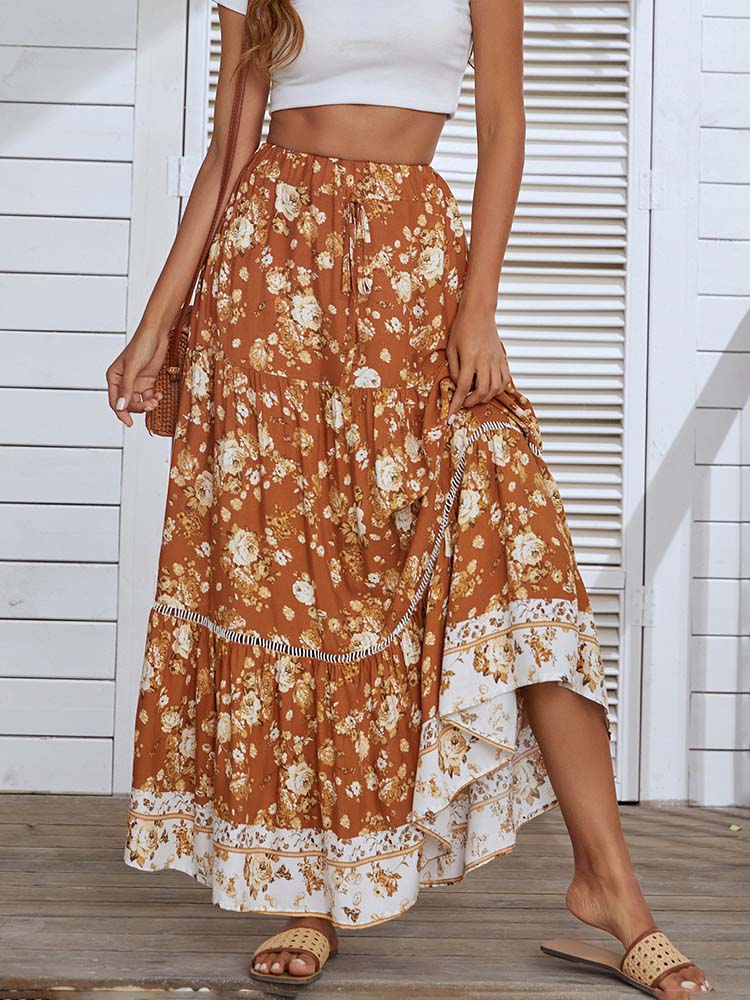 Floral Printed Bohemian Elastic High Waist  Midi Skirt Vintage