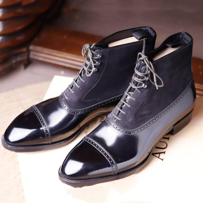 Men Short Boots Bullock Flock Lace-up Square Toe Handmade Business Shoes