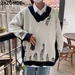 Men Hip Hop Streetwear Hole Sweater Knitted Pullovers Ripped Sweater