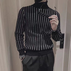 Printed Knitted Spliced Turtleneck Striped Sweater Men Loose Pullovers Warm Tops