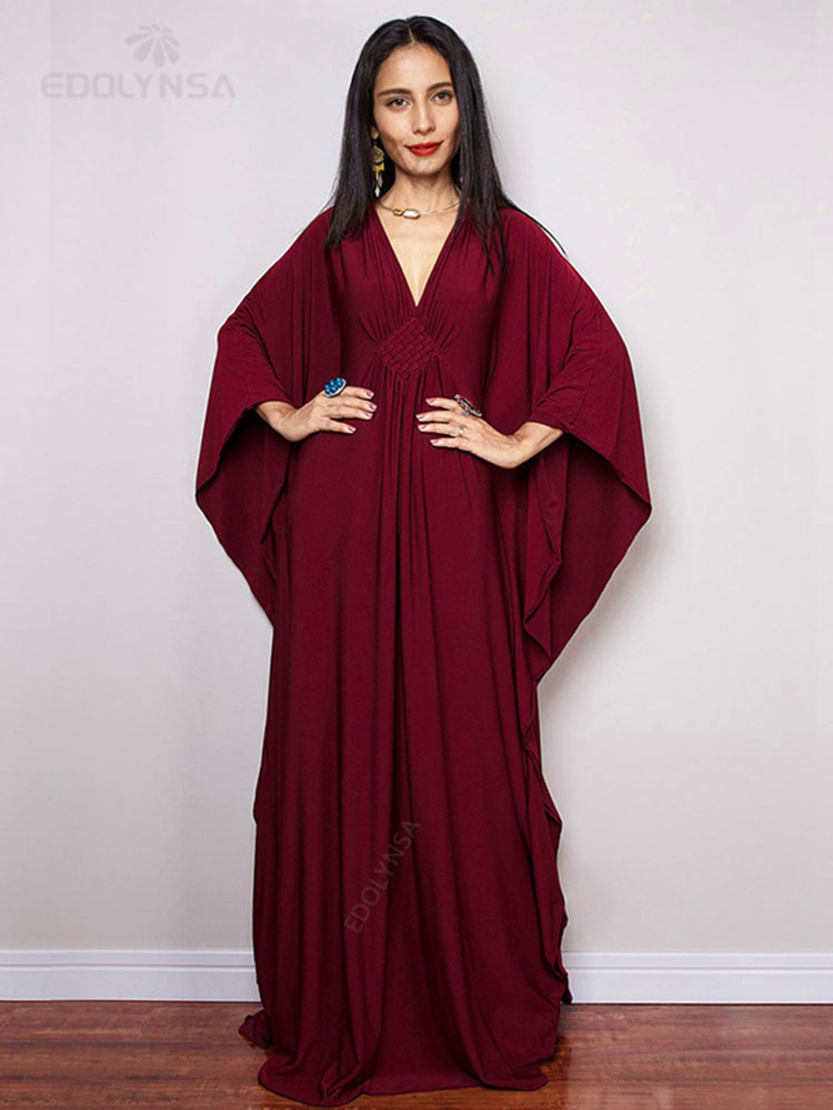 Solid V-neck Batwing Sleeve Plus Size Loose Maxi Dress