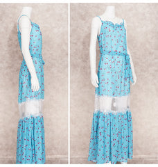 Sea Blue Boho Print Bikini Cover-ups Sexy Straped Ruffled Patchwork