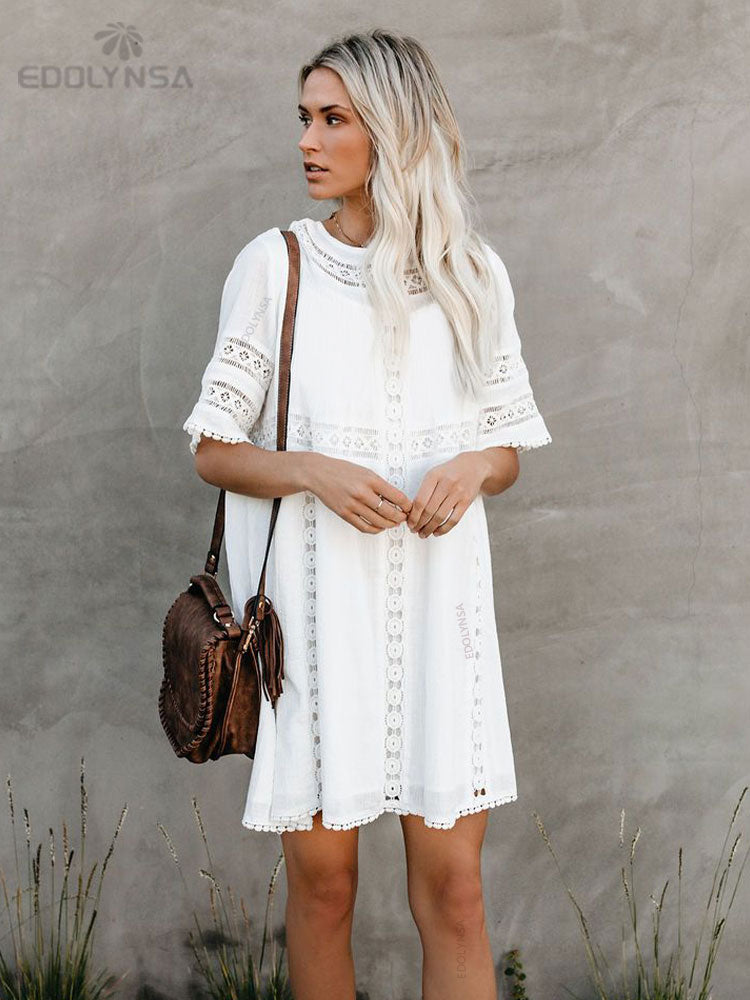 V-Neck Summer Beach Dress White Tunic Women Beachwear