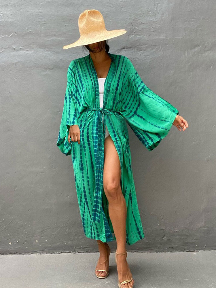 Blue Bohemian Tie dye Striped Bikini Cover-ups Long Tunic