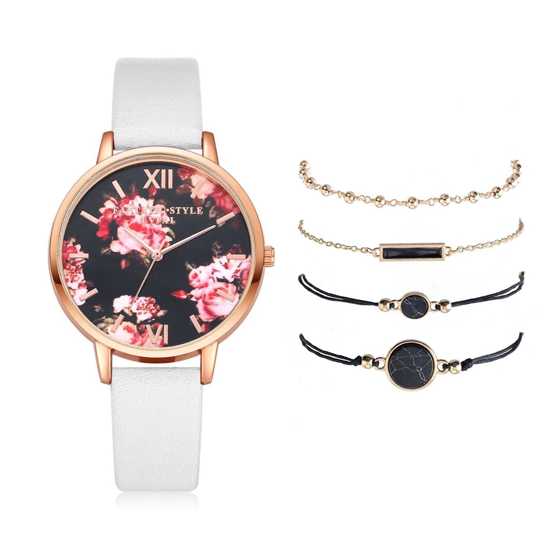 Watch Set Women 5pcs Woman Quartz Wristwatch Leather Ladies Bracelet