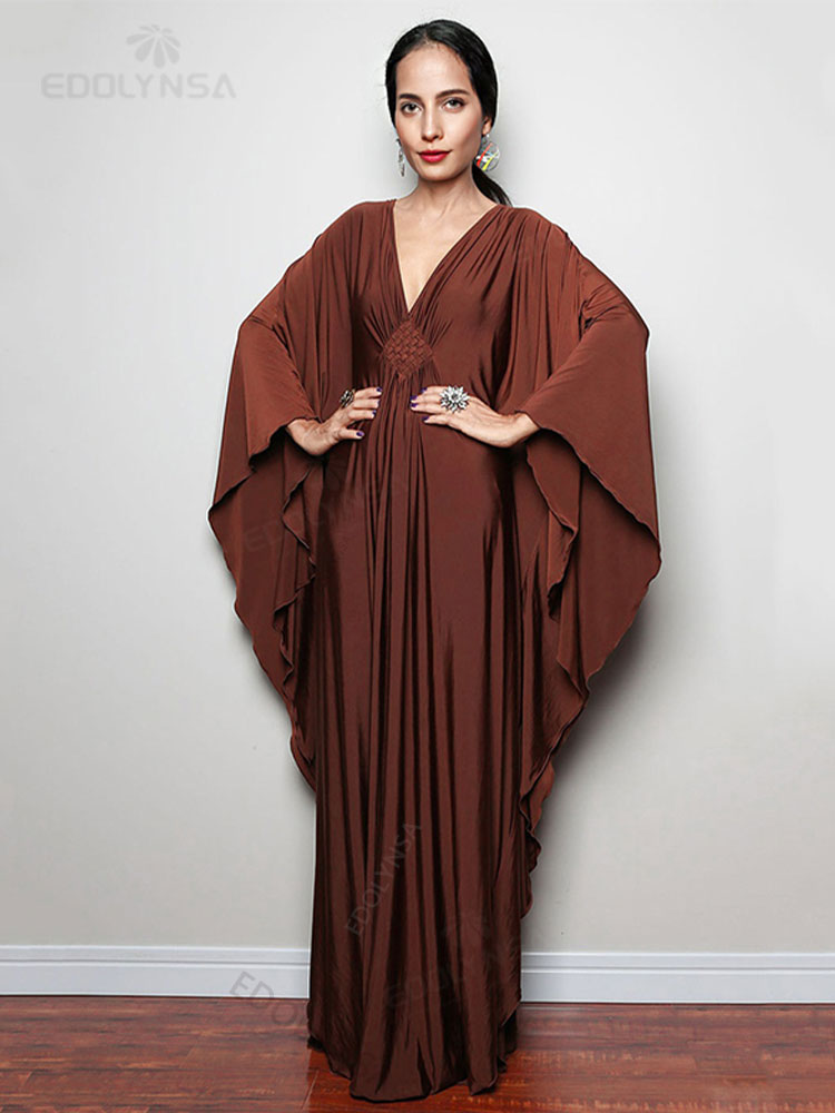 Solid V-neck Batwing Sleeve Plus Size Loose Maxi Dress