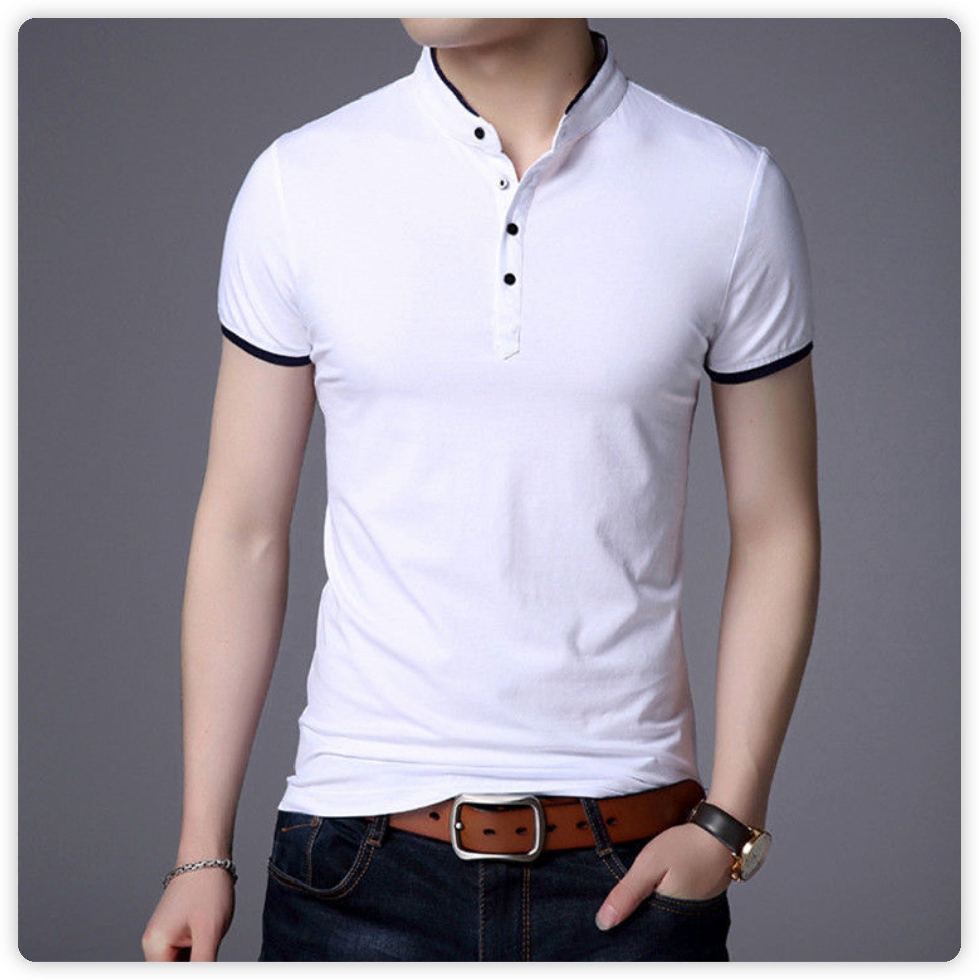 Men’s Pure Tshirts Collar Long Sleeve Comfy Shirt Single-breasted Soft