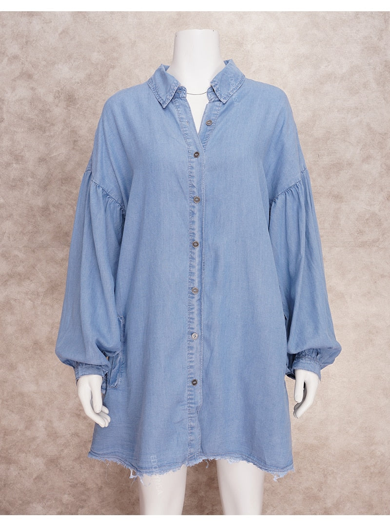 Light Blue Denim Shirt Dress Sexy Button Long Sleeve Mini Dresses