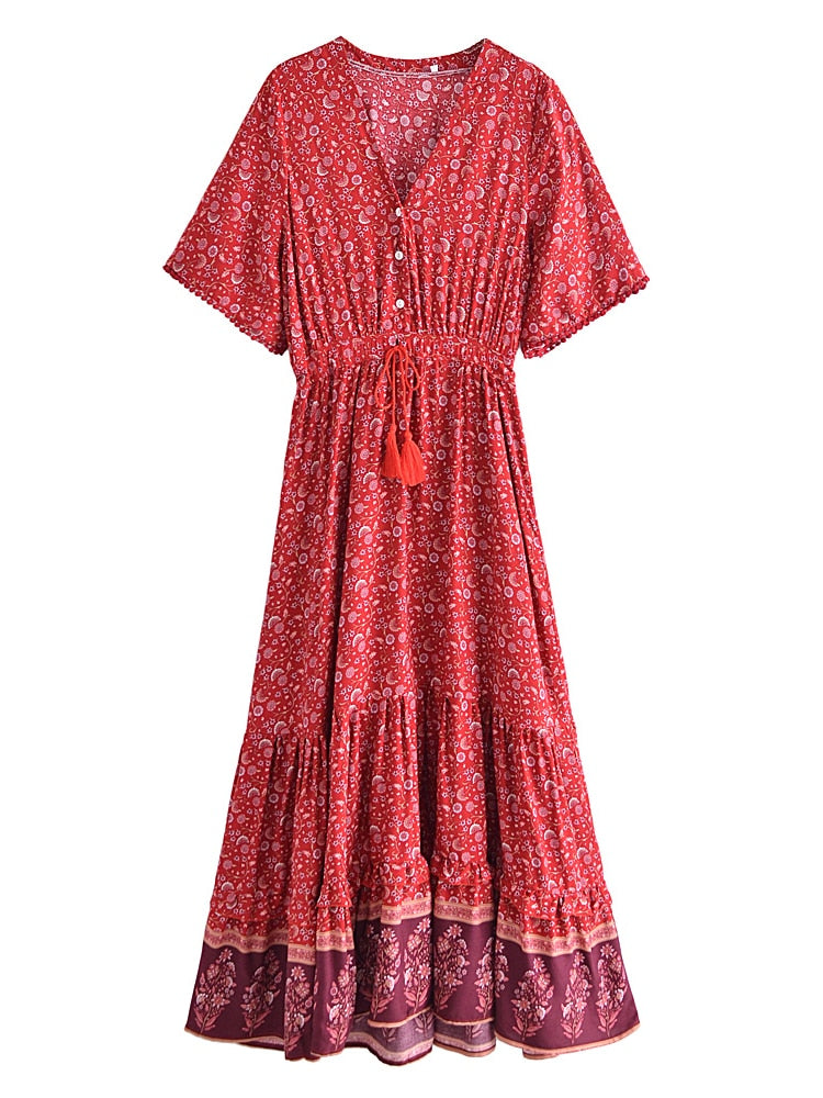 Vintage Chic Floral Print V-neck Rayon Bohemian Maxi Dress