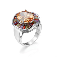 Statement Bridal Big Round Colorful CZ Finger 925 Sterling Silver Rings