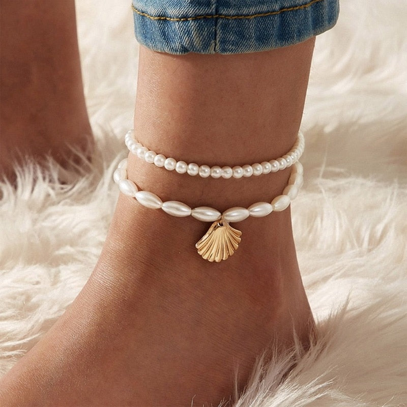 Shell Pendant Ankle Bracelet Faux Pearl Leg Anklets