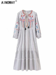 Vintage Chic Women Striped Floral Embroidery Wrist Sleeve Beach Dress