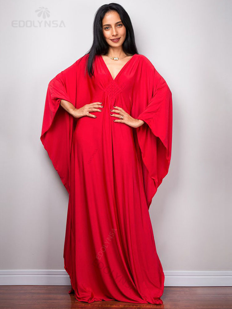 Solid V-neck Batwing Sleeve Plus Size Loose Maxi Dress