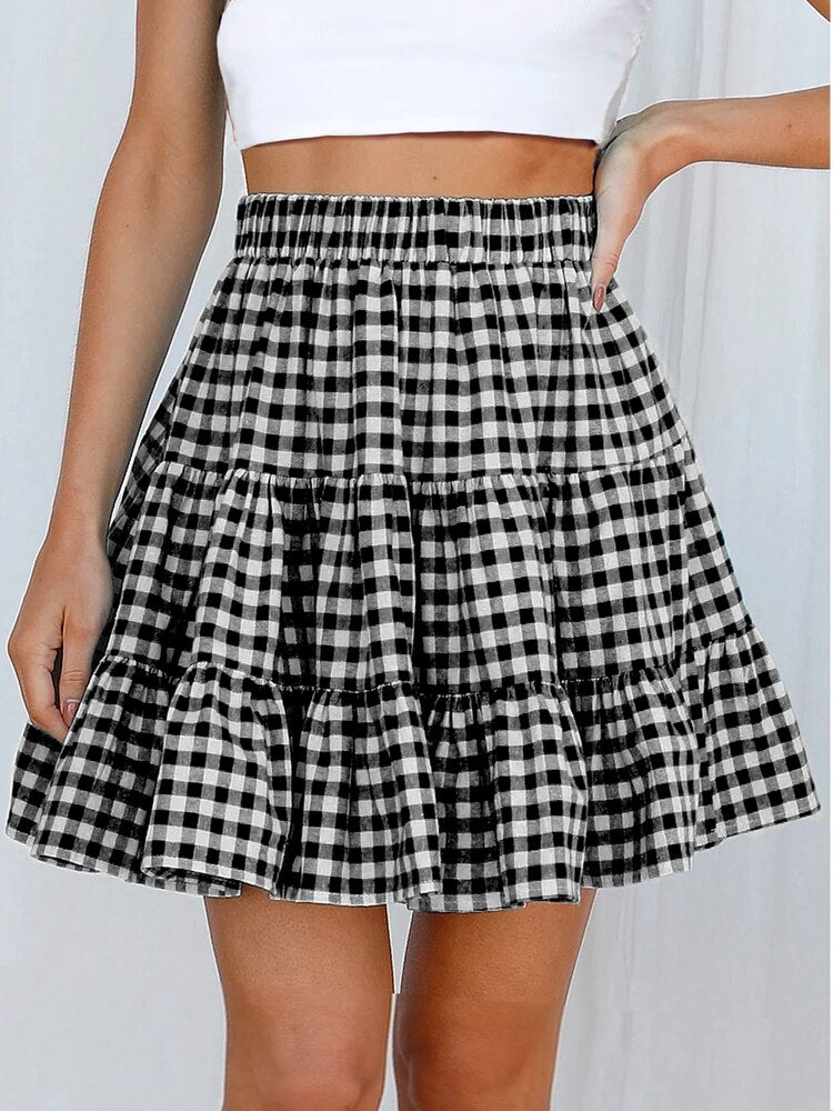 Women Plaid Print Pink Sweet Skirt High Waist Pleated