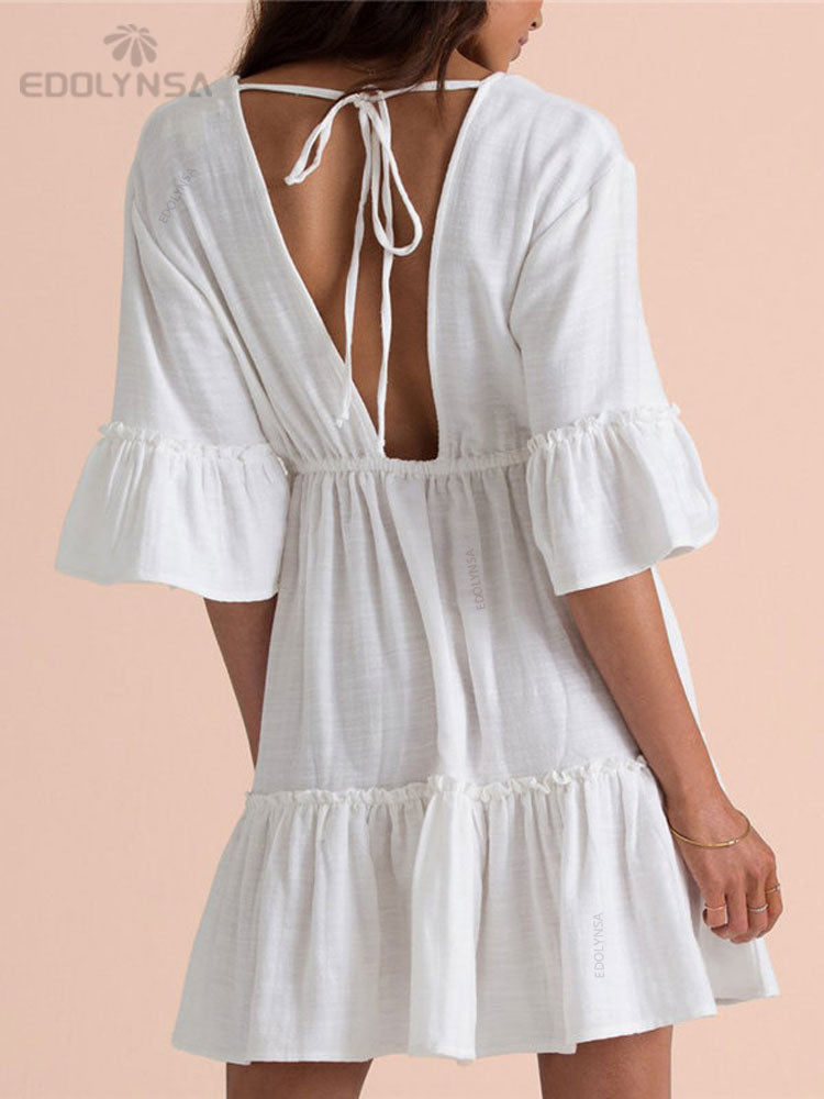 V-Neck Summer Beach Dress White Tunic Women Beachwear