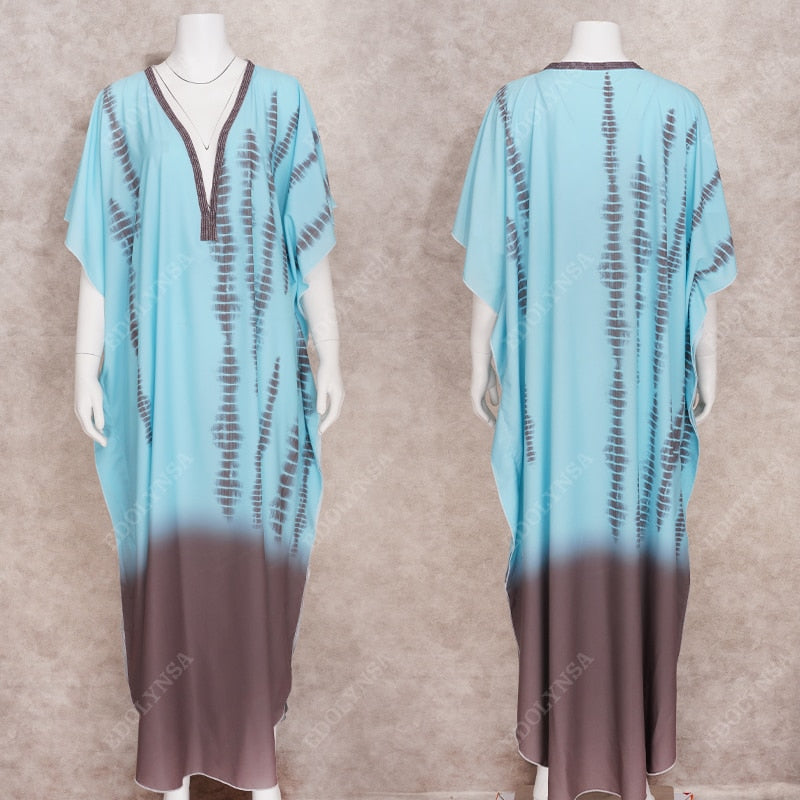 Green Boho Striped Kaftan Plus Size Retro V-neck Maxi Dress