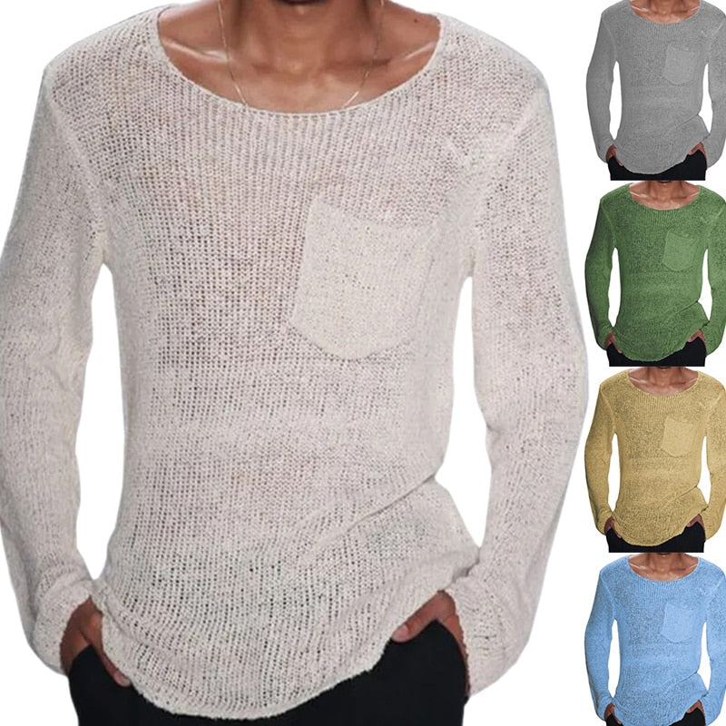 Slim Fit Knit Tops Men Long Sleeve Crew Neck Knitting T Shirts Tee Shirt