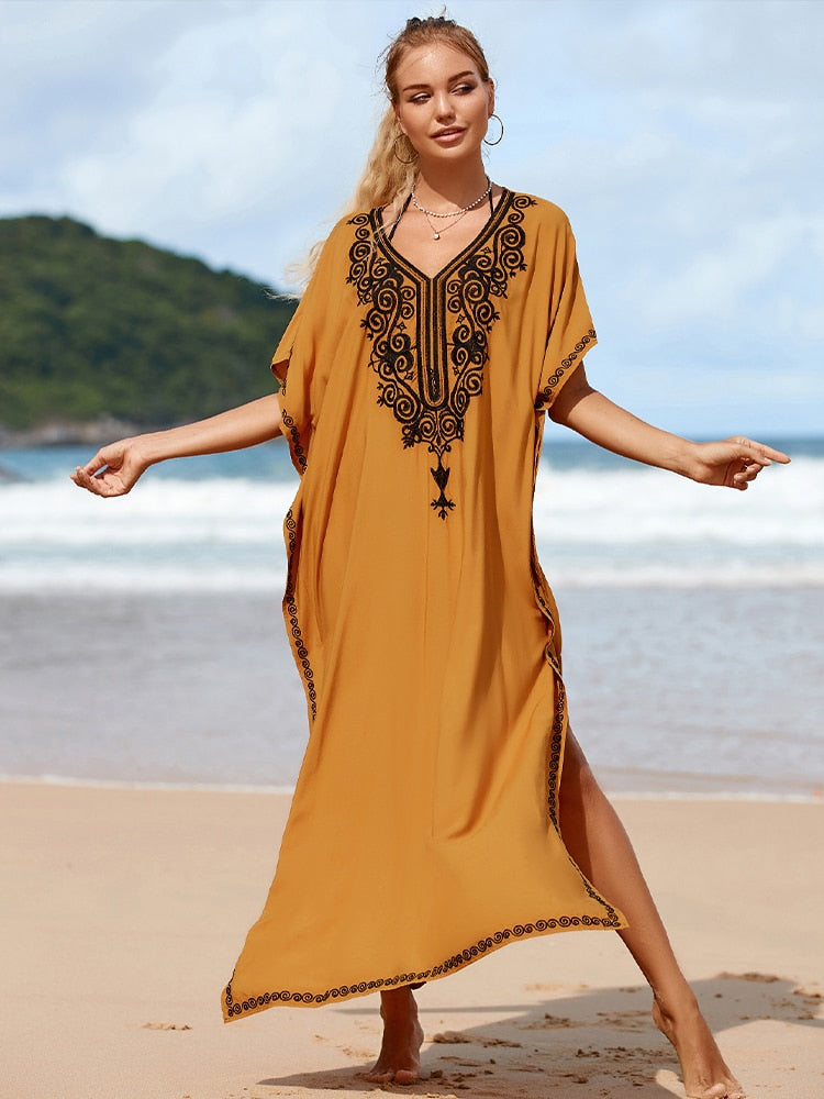 Yellow Embroidered Loose Kaftan Casual Summer Vacation Maxi Dress