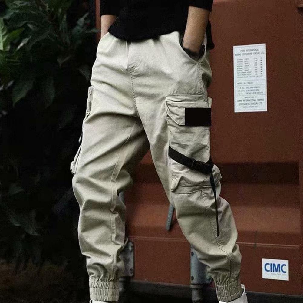 Men Cargo Pants Multi Pockets Hip Hop Jogger Pants Ankle-banded Waist Trousers