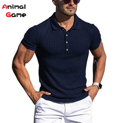 Turn-Down Collar Men Button T-shirt Short Sleeved Stripe Fitness Yoga Top