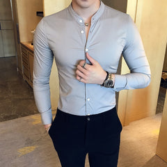 Mens Stand-up Collar Casual Business Long-sleeved Slim Casual Shirt