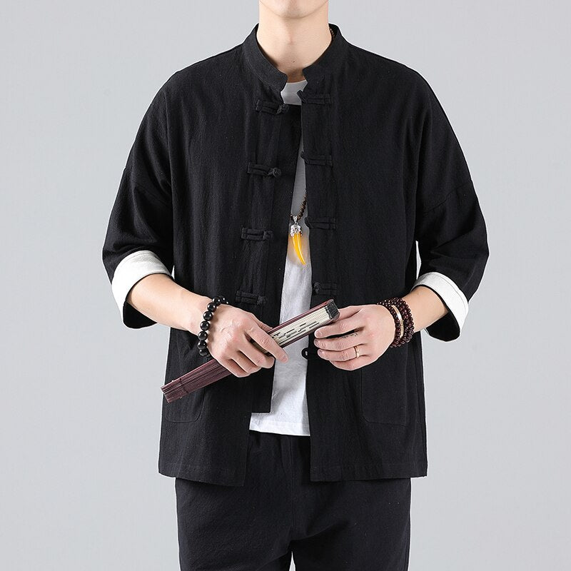 Chinese Style Mens Tops Tang Suit Linen Half Sleeve Solid