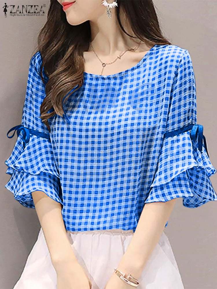 Summer Grid Printed Women Blouse Lace-Up O-Neck Short Sleeve Tops