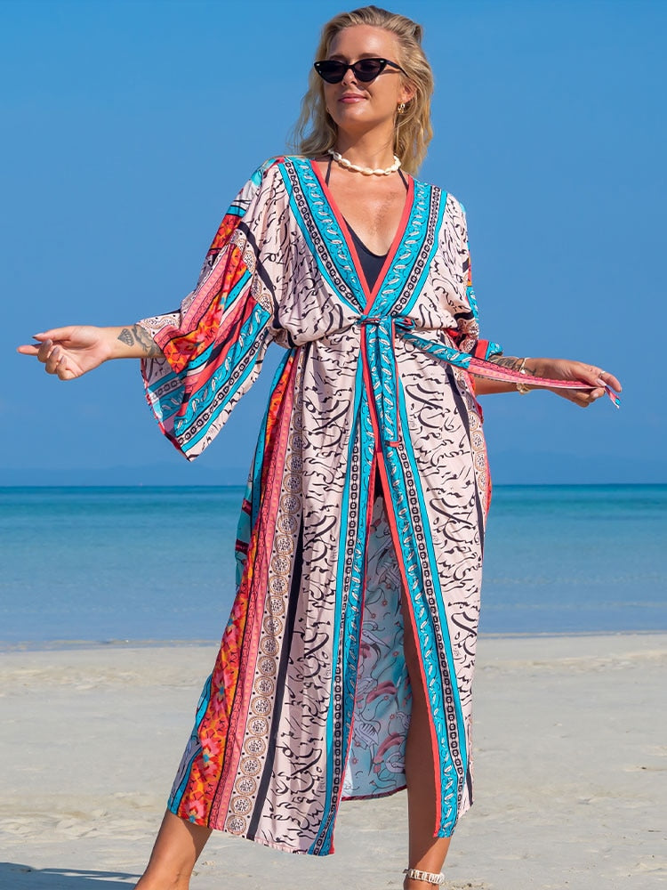 Boho Printed Kimono Dress Tunic Women Summer