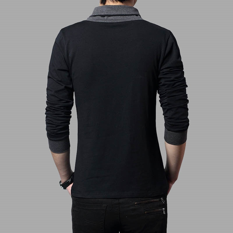 Slim Fit Long Sleeve T Shirt Men Patchwork Collar Tee V-Neck Men T Shirts