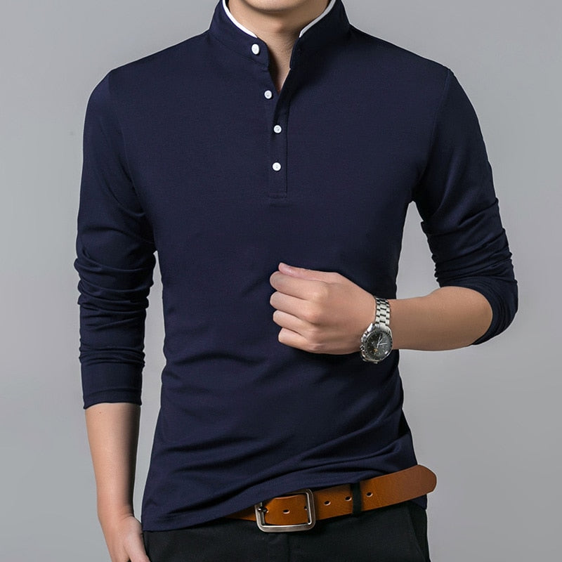 Men’s Pure Tshirts Collar Long Sleeve Comfy Shirt Single-breasted Soft