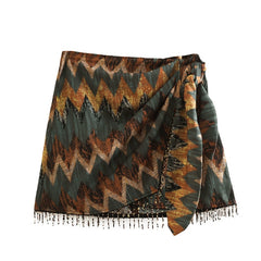 Vintage Geometric Print Knotted Mini Sarong Skirt Mujer Female Beading Tassel