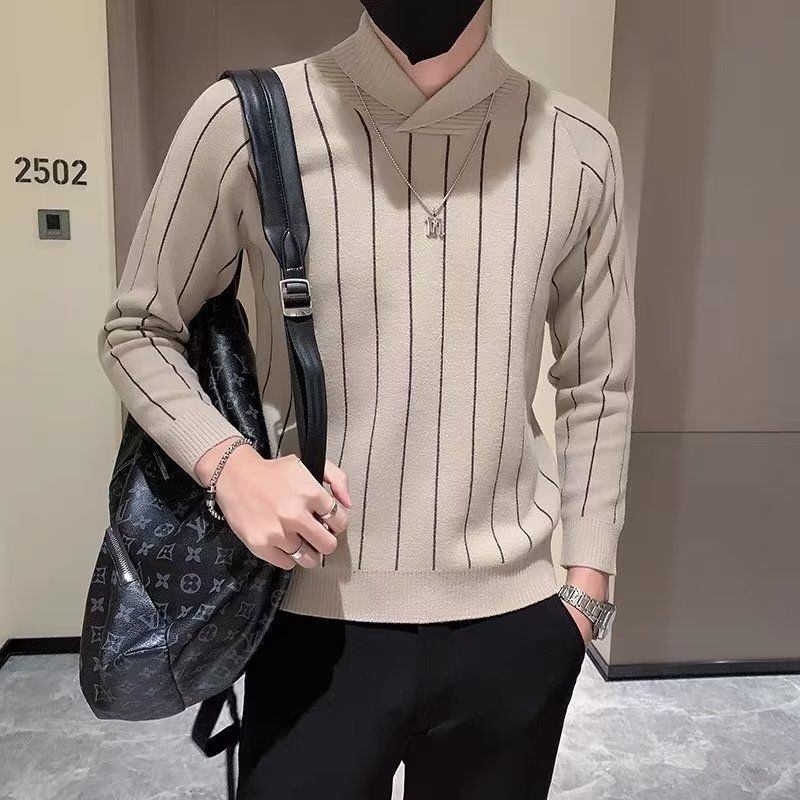 Half High Collar Striped Warm Knited Sweaters Jumpers Men Wool Pullovers Top