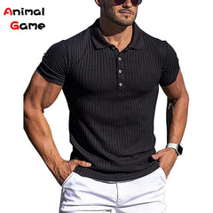 Turn-Down Collar Men Button T-shirt Short Sleeved Stripe Fitness Yoga Top