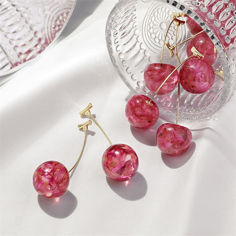 Style Sweet Gold Color Fresh Fruit Red Cherry Drop Earrings