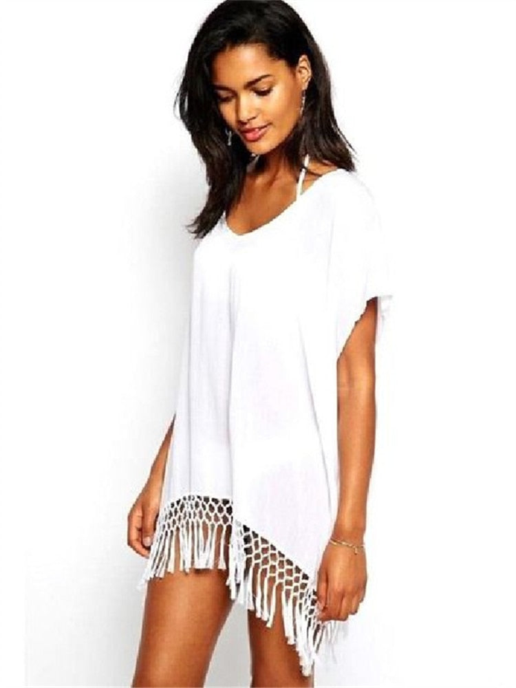 V-Neck Summer Beach Dress White Tunic Women Beachwear