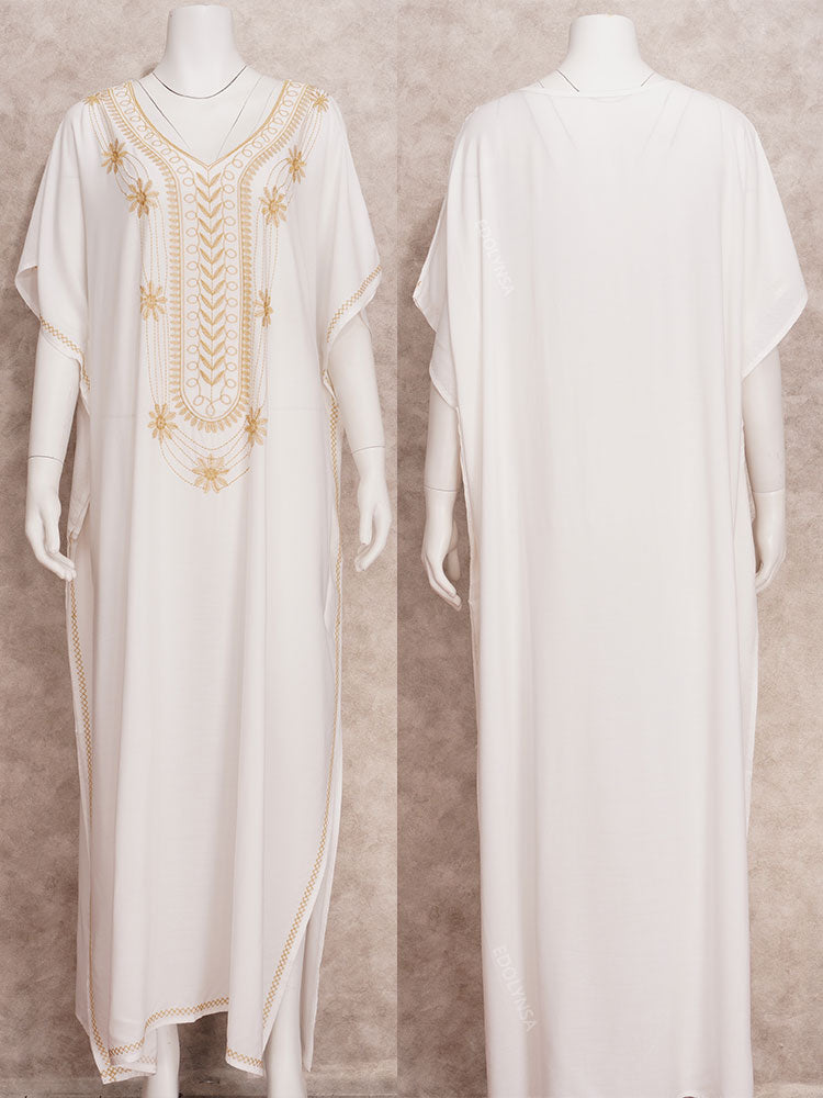 Elegant Gold Embroidered Kaftan Long White Tunic Loose Maxi Dress