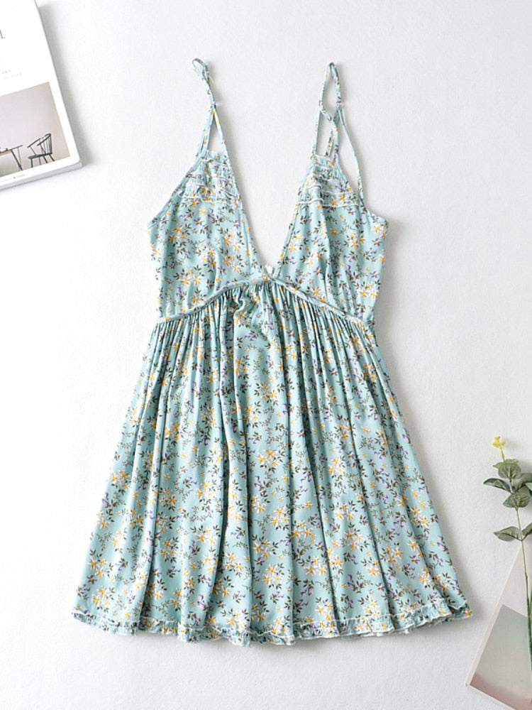 Vintage Women Green Floral Print Sleeveless Beach Bohemian Strap Dress