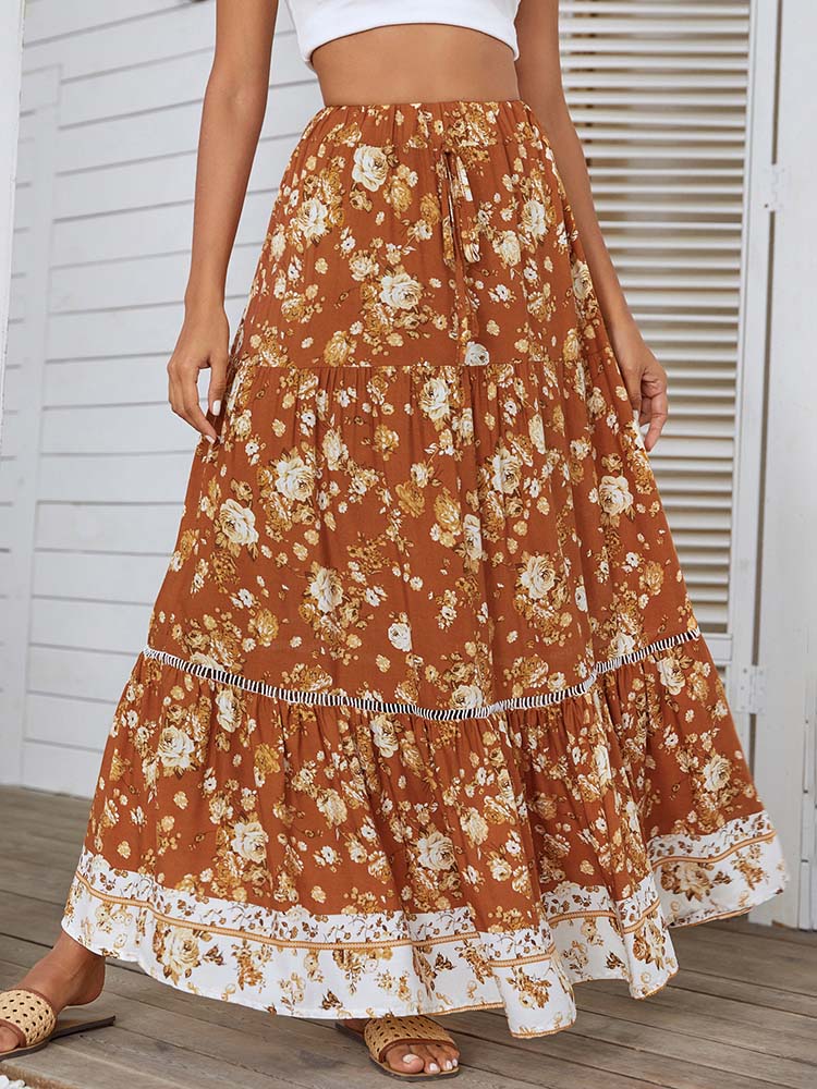 Floral Printed Bohemian Elastic High Waist  Midi Skirt Vintage