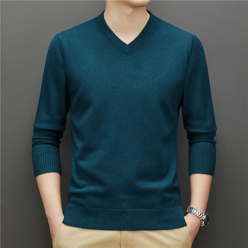 Men V-neck Thick Sweater Business Warm Knit Pullover Classic