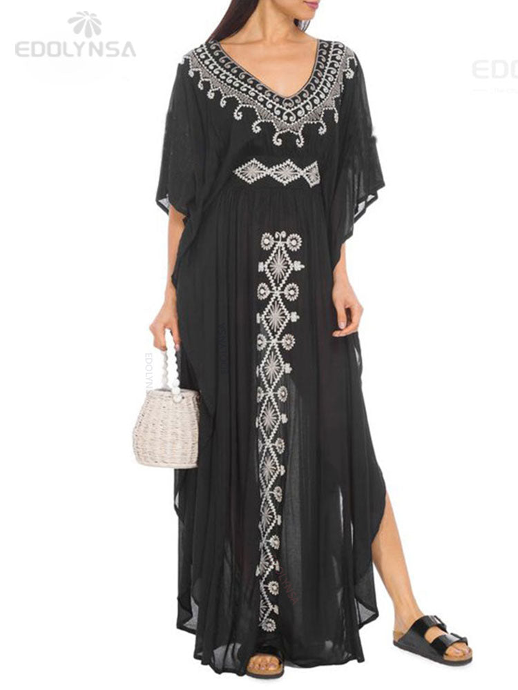 Black Vintage Embroidered Maxi Dress Elegant Long Kaftan