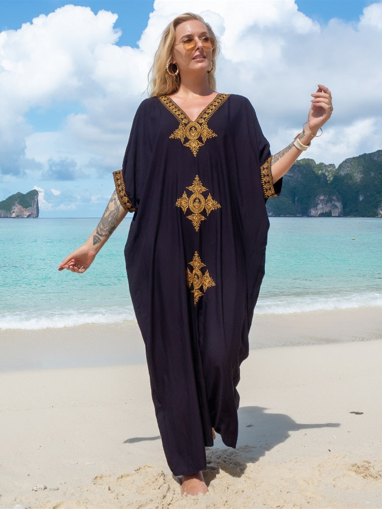 Elegant Gold Embroidered Kaftan Retro V-neck White Dress