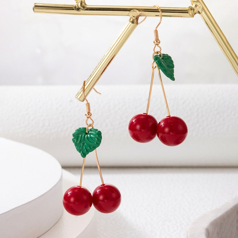 Style Sweet Gold Color Fresh Fruit Red Cherry Drop Earrings