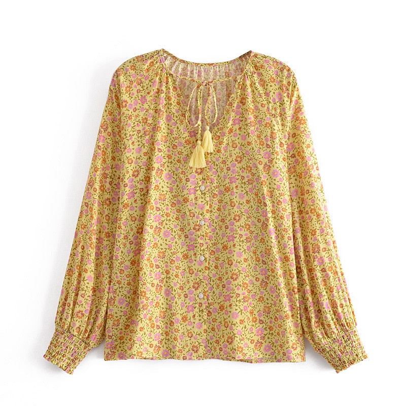 Boho Vintage Yellow Printed Women Tops