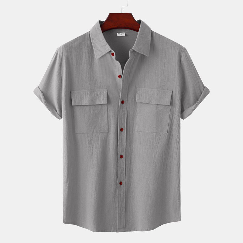 Double Pocket Linen Shirt Men Short Sleeve Button Down Shirts