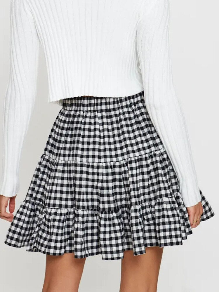 Women Plaid Print Pink Sweet Skirt High Waist Pleated