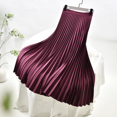 Autumn A-line Pleated Skirt Stretch Waist White Long Skirt